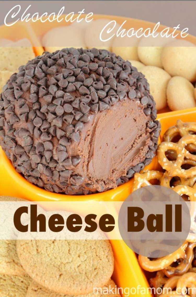 Double chocolate dessert cheeseball in a bright yellow bowl with chocolates shavings on top