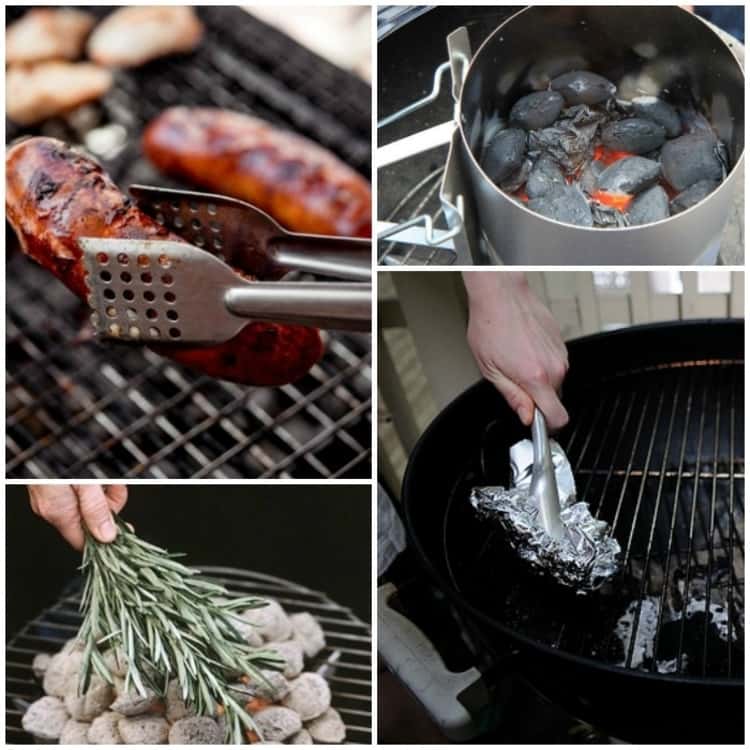 grilling hacks; collage of grilling sausages, lighting up coals, burning sage, and scrubbing using foil