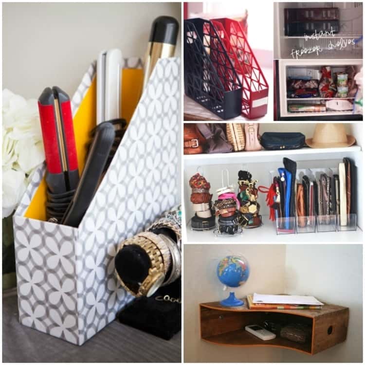 4-photo collage of magazine holder organization of hot styling tools, frozen foods in a fridge, accessories in the closet, and as DIY corner shelving. 
