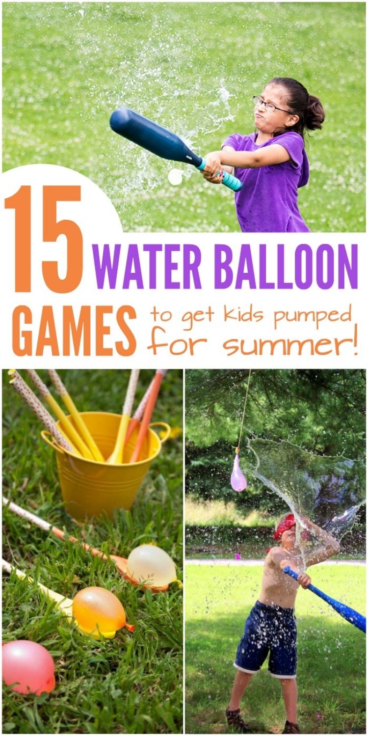 Water balloon collage of girl hitting water balloon with baseball bat, water balloon relay and boy hitting water balloon piñata 