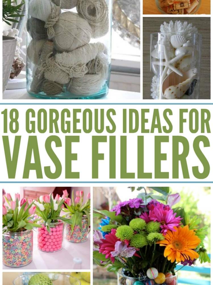 Collage of various vase fillers, ex candy, seashells, spools of yarn, etc.