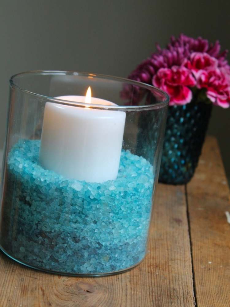 Vase Filler Ideas: Picture of dyed rock salts in vase with candle