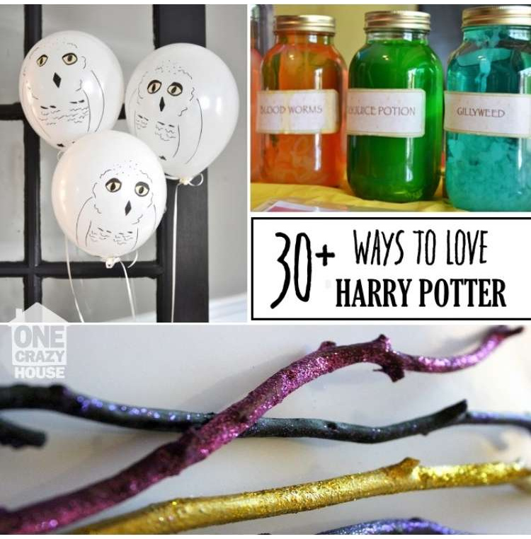 OneCrazyHouse Harry Potter Games photo collage balloons with lines drawn on the to look like owls, bottles of colored liquid, sticks with glitter painted on them