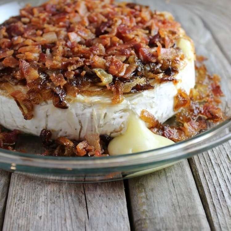 OneCrazyHouse Holiday Appetizers baked brie topped with chopped bacon and caramelized onions