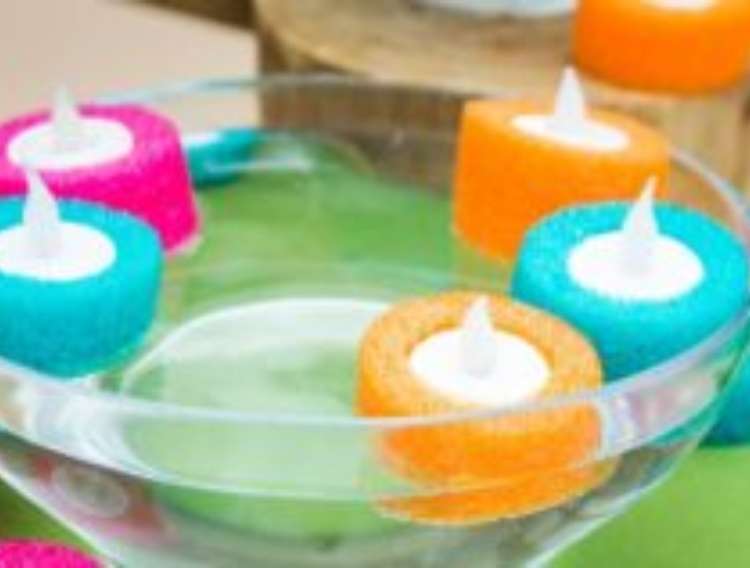 OneCrazyHouse pool storage mini battery operated votive candles with pool noodl wrapped around to be used in a pool