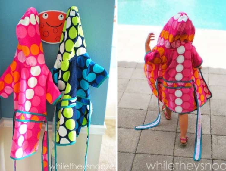 OneCrazyHouse pool storage collage image, 2 kinds hooded robes hanging from hook, child walking away from camera wearing hooded robe for pool