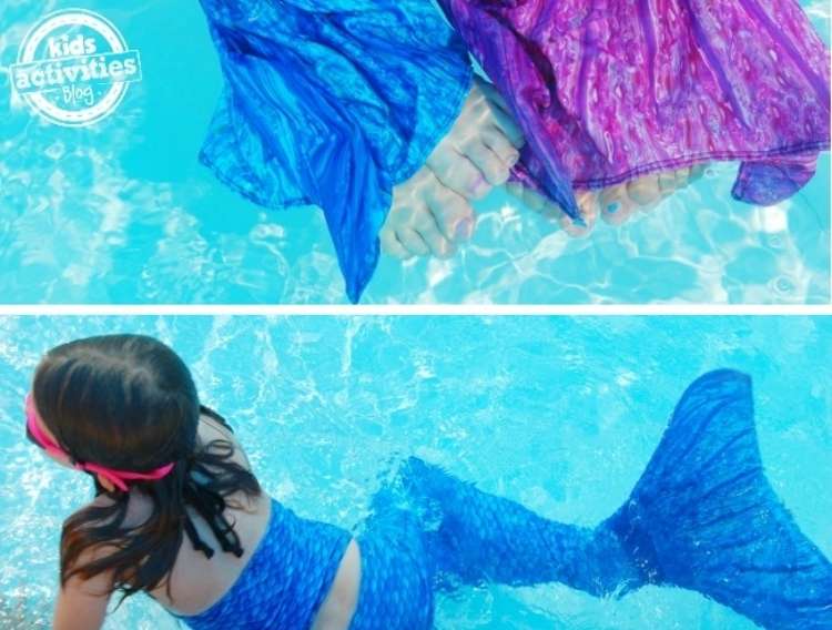 OneCrazyHouse pool storage child wearing mermaid tail in pool