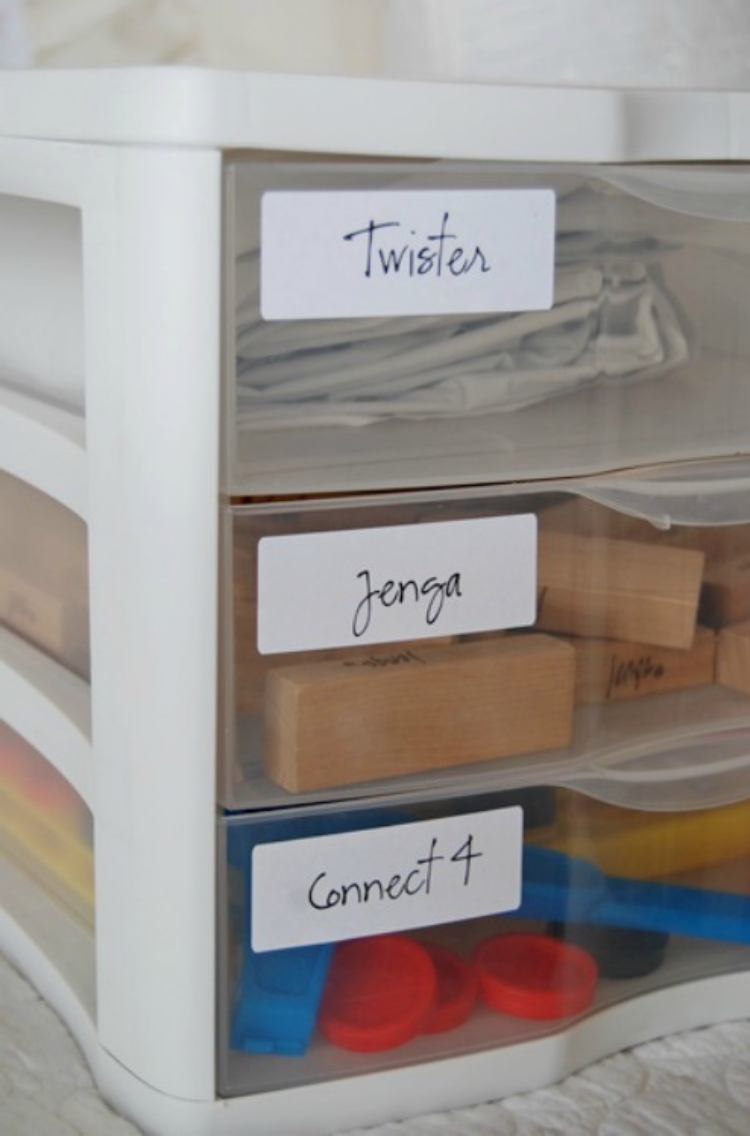 Plastic Storage Containers with drawers that you can store different smaller board games in