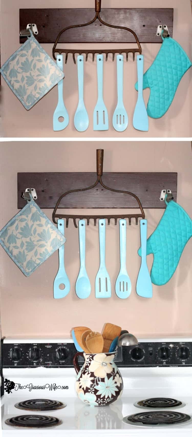 an old rake turned into a utensil holder with blue spoons hanging on it and potholder on either side, above a white stove
