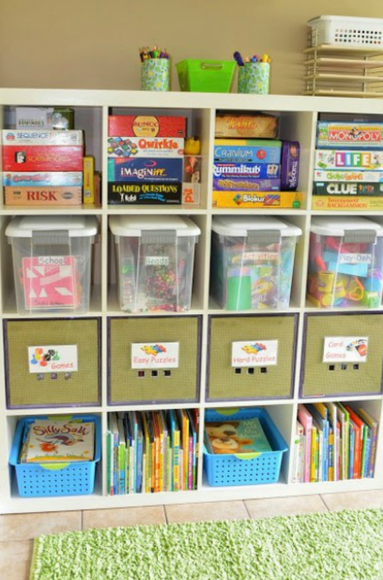 Use storage cubbies to organize all different types of board games in different storage containers