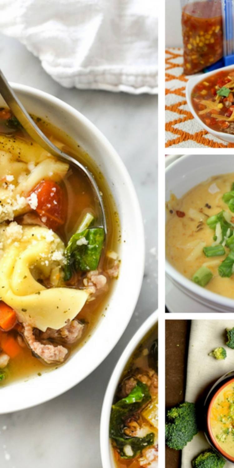 Collage of different soups - including tortellini soup, potato soup and taco soup.