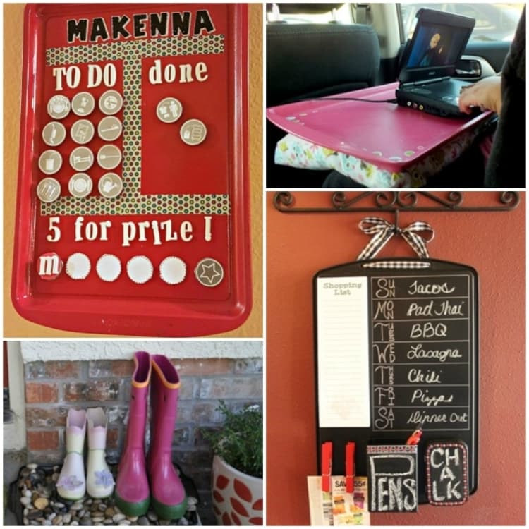 4-photo collage of ways to reuse cookie sheets - as a chore board, as an activity board on road trips, a DIY boot tray, and a kitchen command center