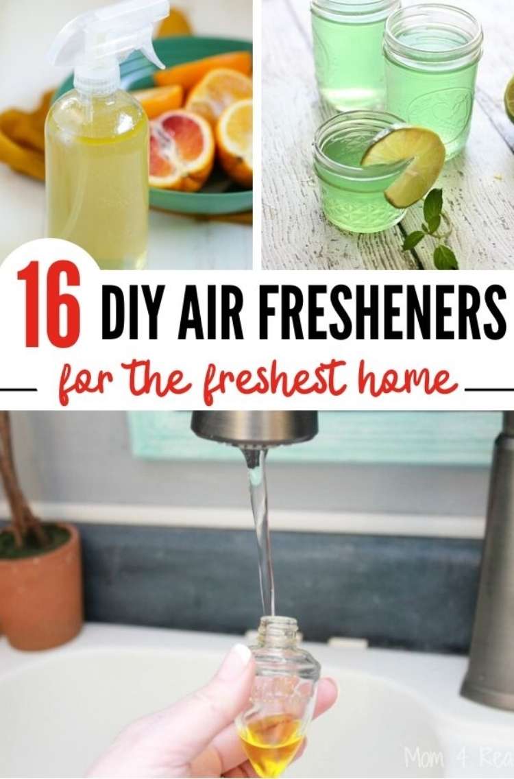 air-fresheners-for-the-freshest-home collage of citrus spray with fresh oranges, mojito gel freshers in mini mason jar, and refilling a plugin