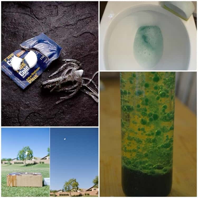 A 4 photo collage of different ways to use alka-seltzer: using the antacid to catch fish, to clean a toilet bowl, to make film canister rockets and to make a DIY lava lamp