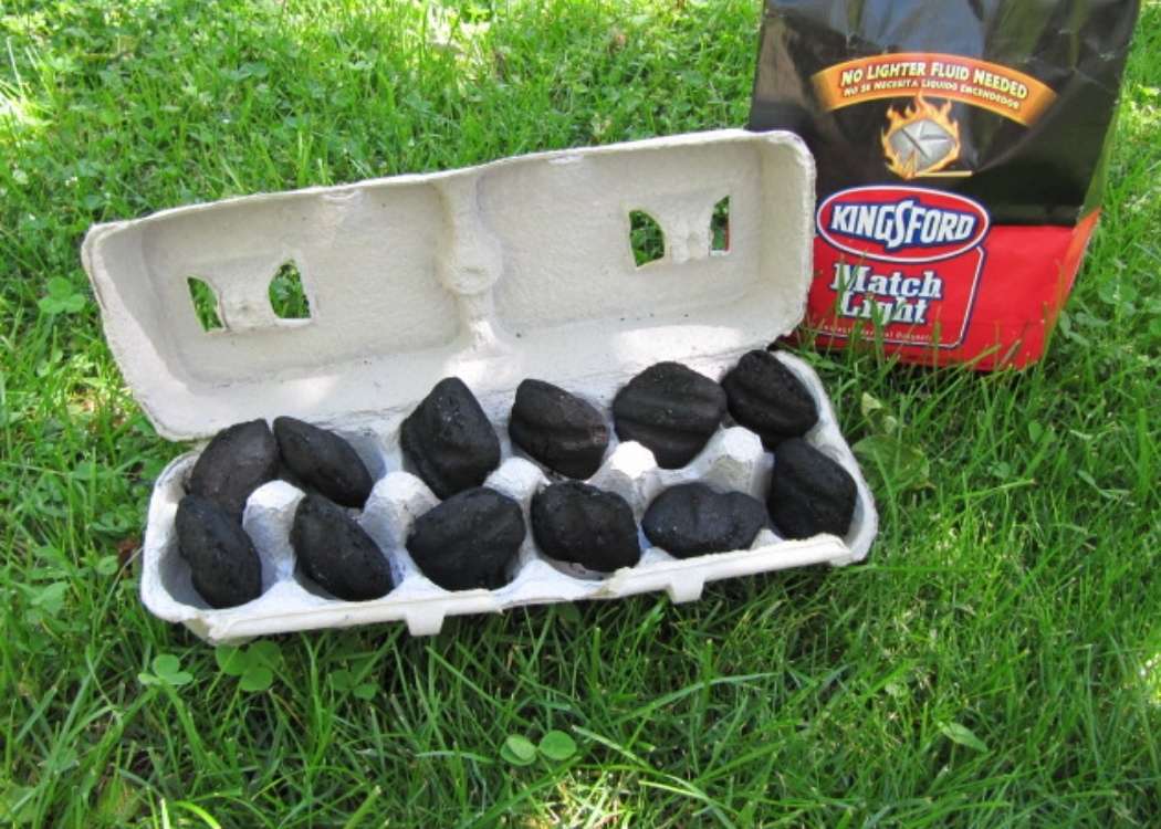 Backyard Barbecue Tips- egg carton filled with charcoal and bag of Kingsford charcoal showing easy firestarter