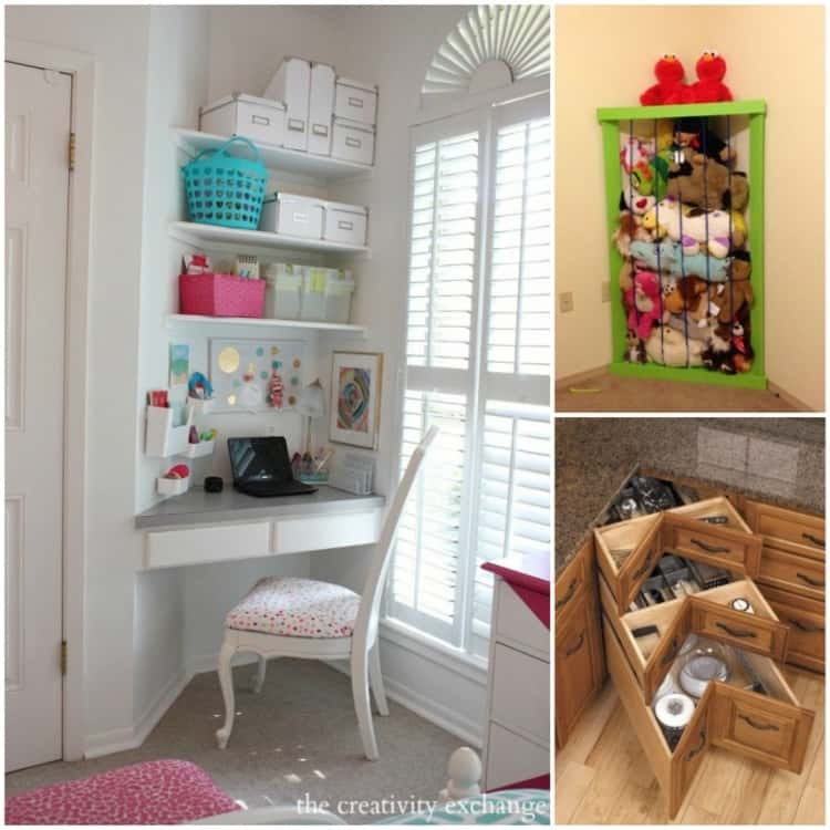 collage with, corner desk, corner drawers, and stuffed animal storage