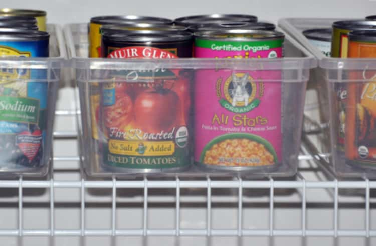 dollar store bins storing canned coods