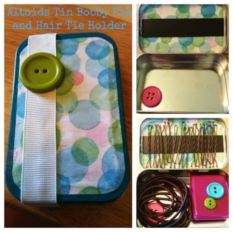 Altoids tin ideas, bobby pin and hair tie holder made from empty altoid container with decorated lid