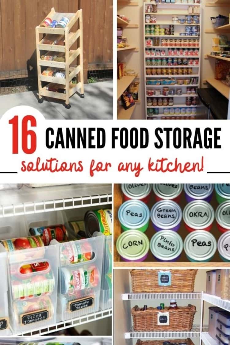 canned food collage with bins, baskets, drawers, shelves in back of pantry, rotating shelves