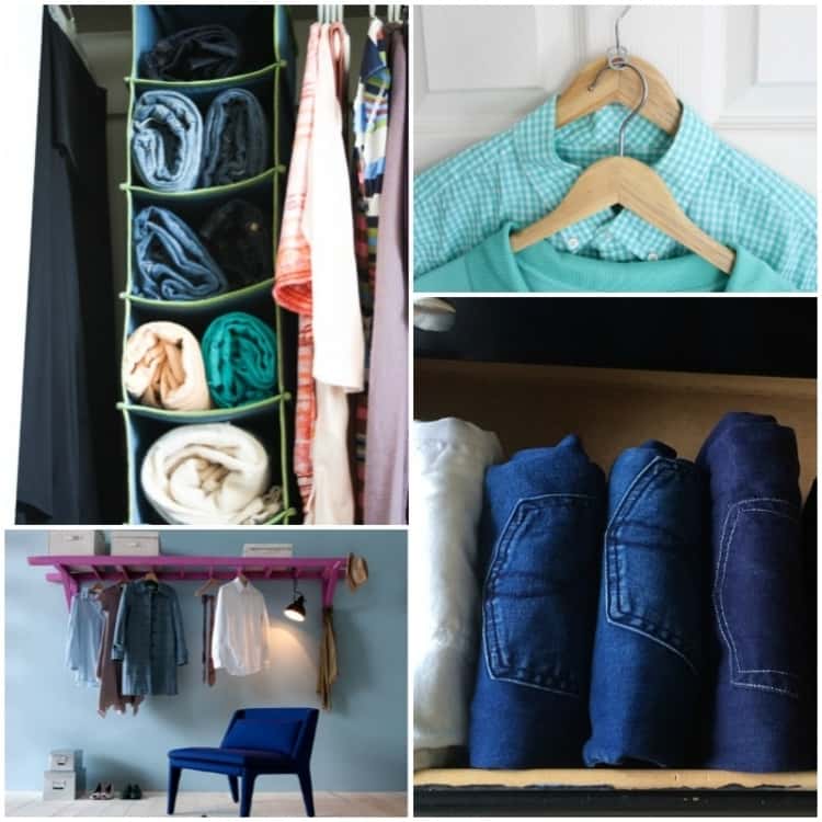 collage of jeans and sweaters stored in hanging shoe cubby in closet, two clothing hangers connected by soda can tab, ladder horizontally affixed to wall, creating a shelf and hanging space for clothes storage, folded jeans filed away in drawer