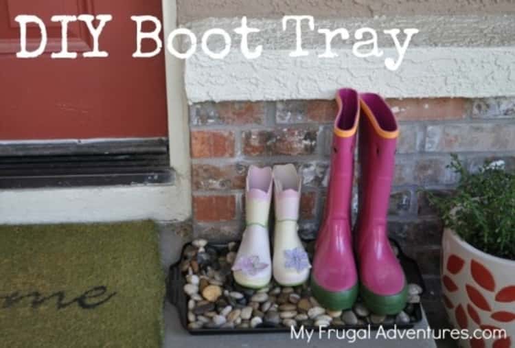 Pebbles placed on a cookie sheet to make a DIY Boot tray