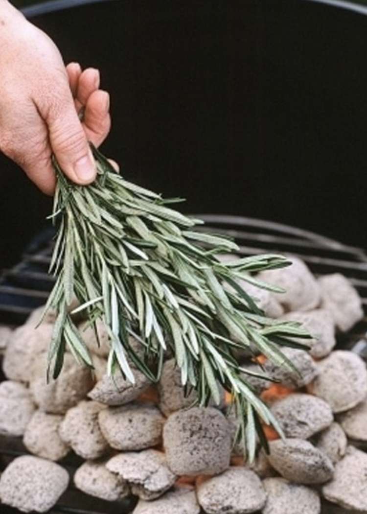 Cookout Hacks for mosquitoes- hand holding bundle of sage over the grill