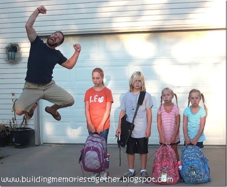 back to school photo ideas - ad jumping for joy while the kids stand there unhappy to go back to school