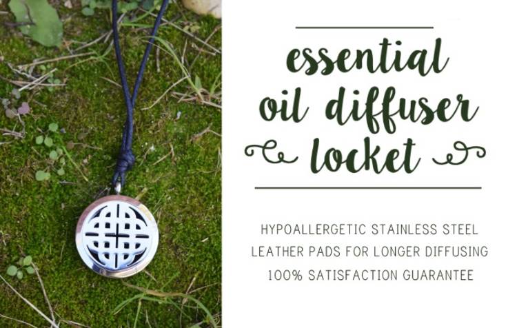 Genius essential oils tips and tricks - image of an essential oil diffuser necklace with the words "essential oil diffuser locket - hypoallergenic stainless steel leather pads for longer diffusing 100% satisfaction guarantee"