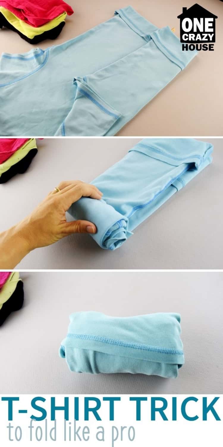 to store your clothes while saving drawer space, fold bottom hem of t-shirt, fold t-shirt into thirds lengthwise, roll and tuck into folded bottom hem