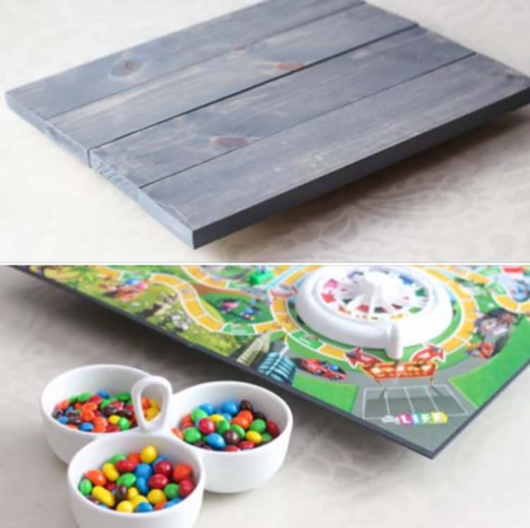 2 photo collage of DIY Lazy Susan Game Board - without the game board and while set up with the game board and 3 bowls of M&M's