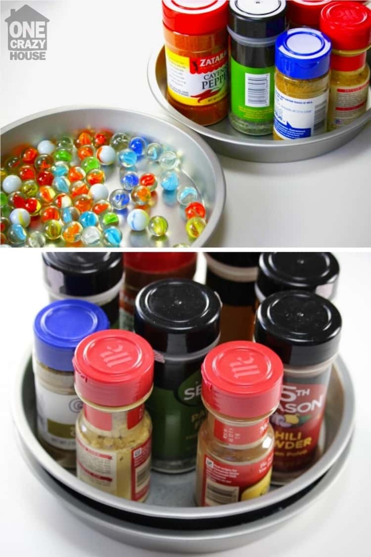 2-photo collage of spices organized with a Lazy Susan - one with spices and marbles on 2 separate pans, the other when the spices pan is stacked onto the pan containing marbles