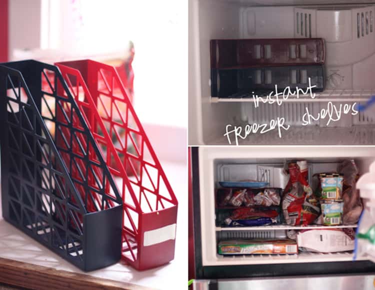 2 photo collage - black and red PVC magazine holders, and the Before & After transformation images of instant freezer shelving from magazine holders