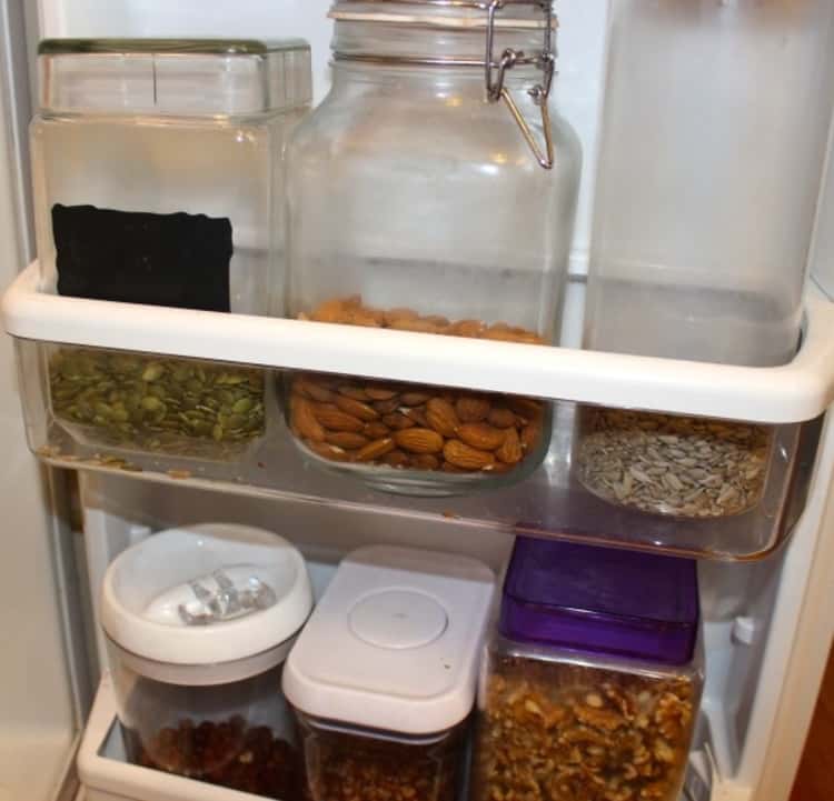Reuse mason jars to keep nuts fresh in the fridge