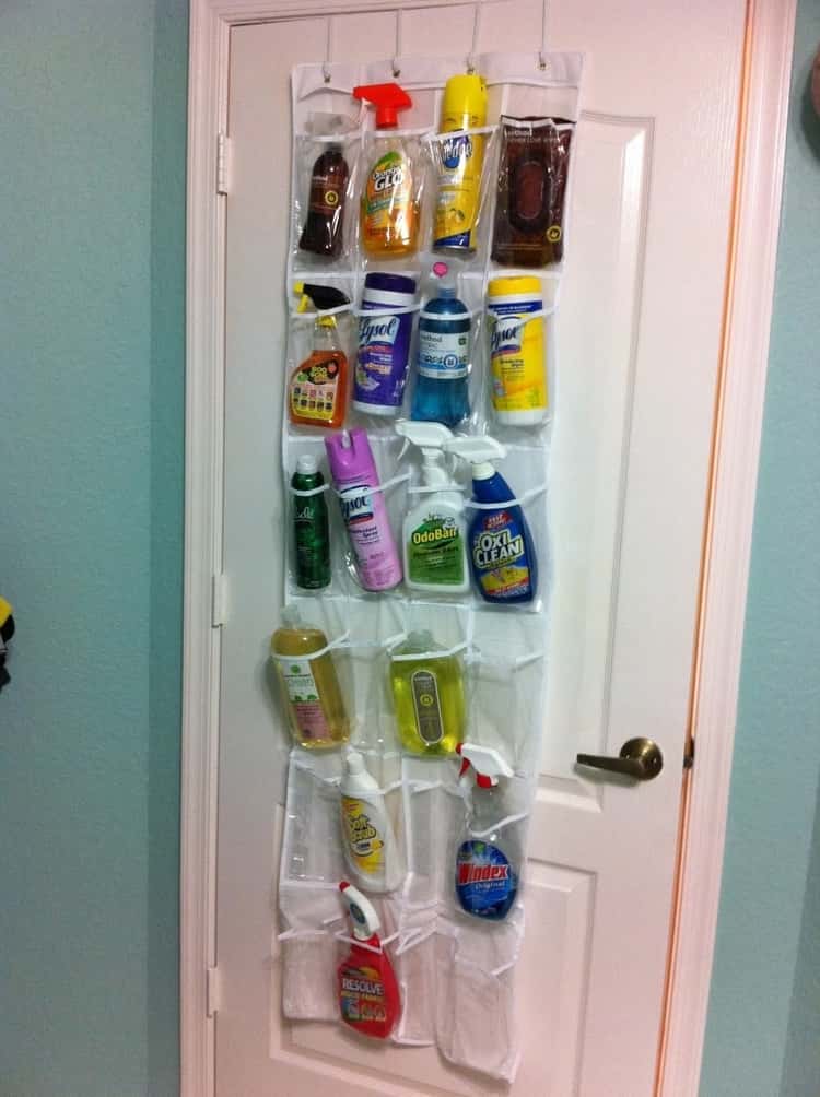 Over-the-door shoe holder for cleaning supplies