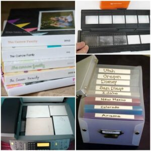 14 Simple tips and tricks to organize your slides negatives, and printed photos, clear photo boxes, albums, scanner