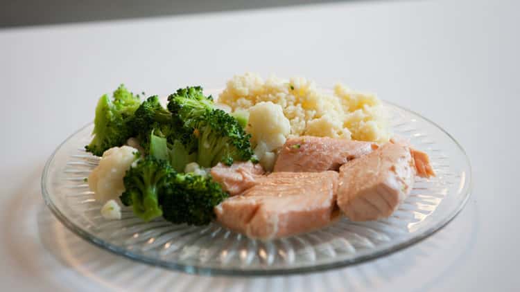 Poached Salmon, Couscous and Steamed Veggies in coffee maker