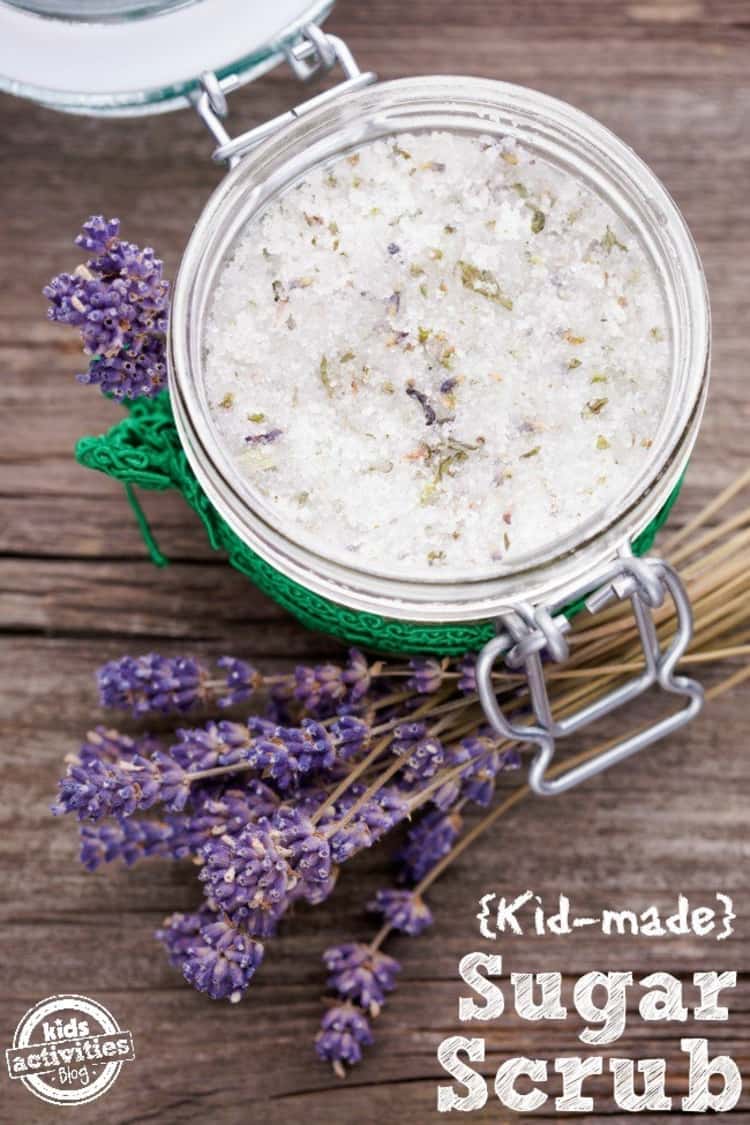 shower hacks - lavender homemade sugar scrub in glass jar with lid 