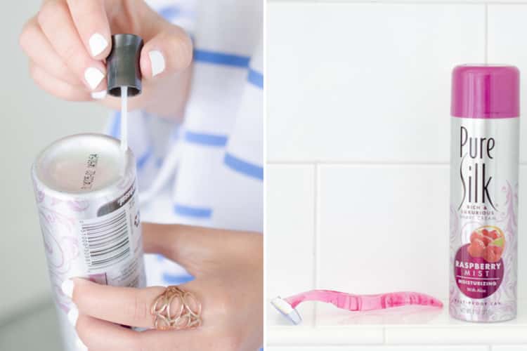 2-photo collage of someone coating the bottom of a metallic spray bottle with nail polish and a bottle of shower cream and razor on tiled surface in the bathroom. 