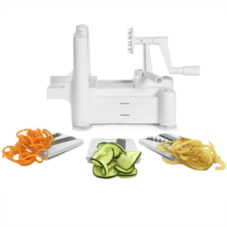 Spiralizer and demo of spiralized carrot, cucumber, and potato