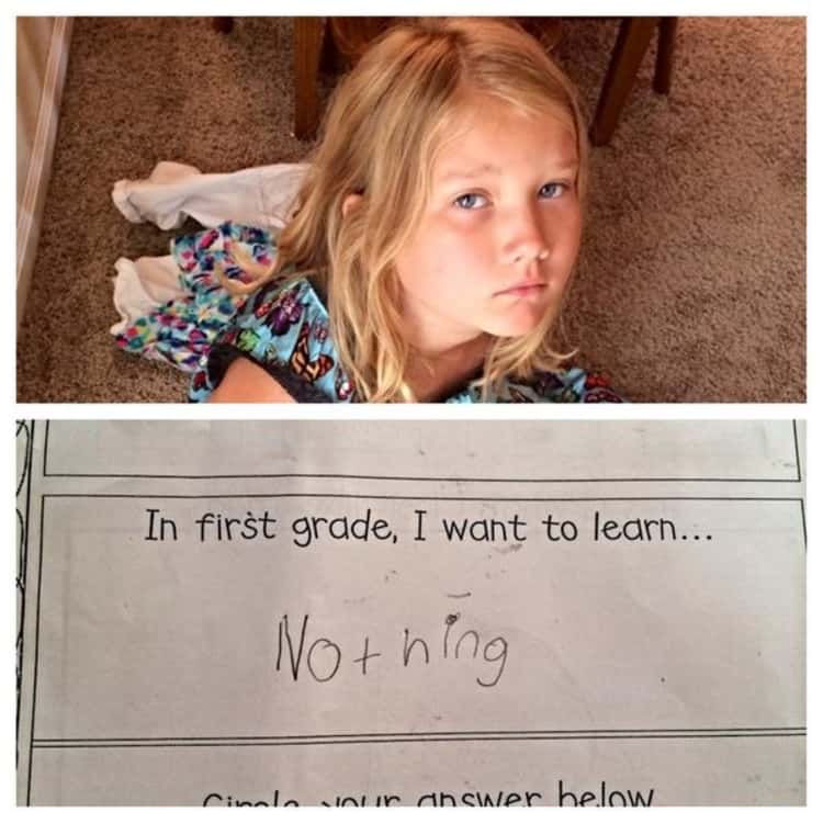 back to school photo ideas - photo collage of girl with her paper that says she wants to learn nothing in first grade