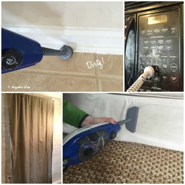 Using a steam cleaner, collage of baseboards, microwave, upholstery and curtain