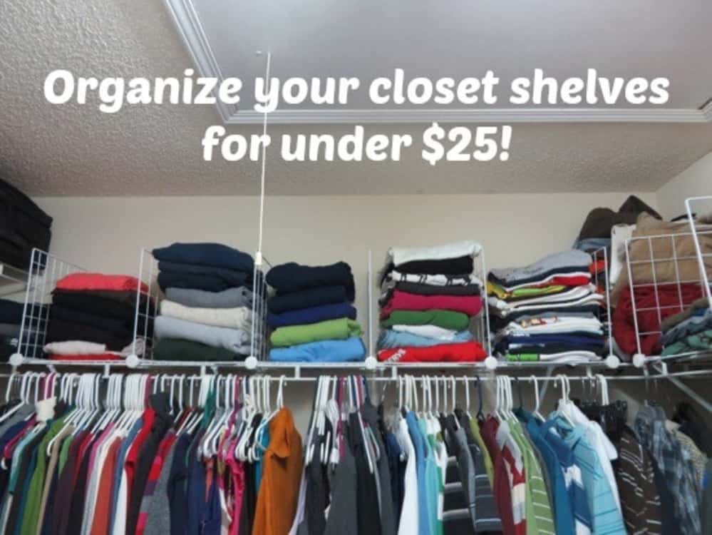 store and organize clothing into wire closet cubes on closet shelf