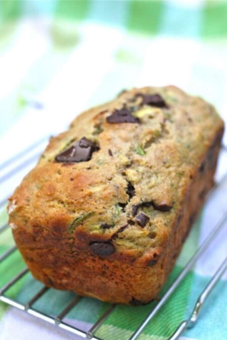 Loaf of zucchini bread on cooling rack