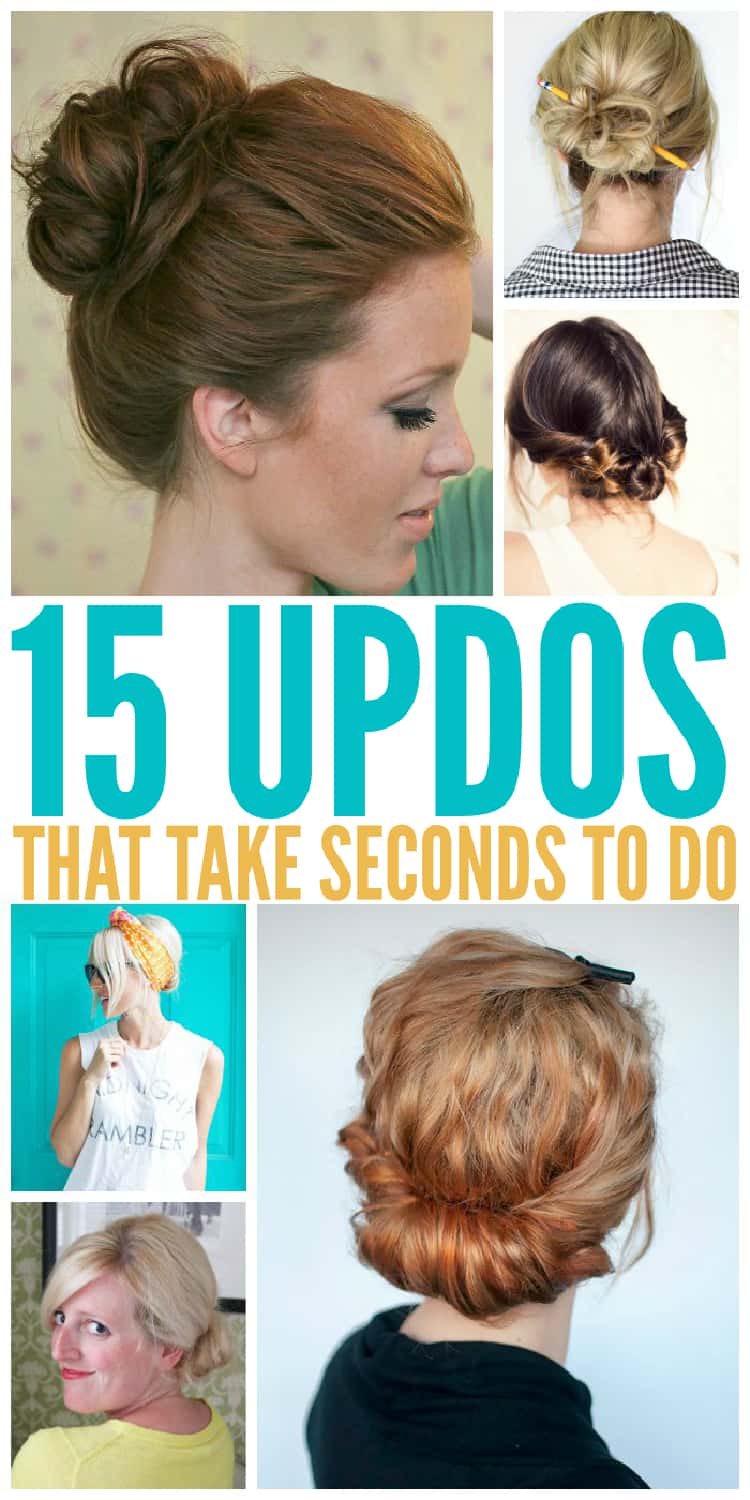 15 updo hairstyles collage Pinterest photos 10 second bun, pencil bun, low knot bun, lower bun
