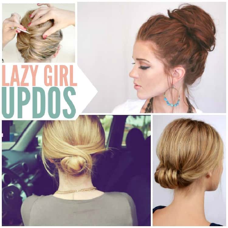 lazy girl updos collage Pinterest - side french twist, 10 second bun, lower buns