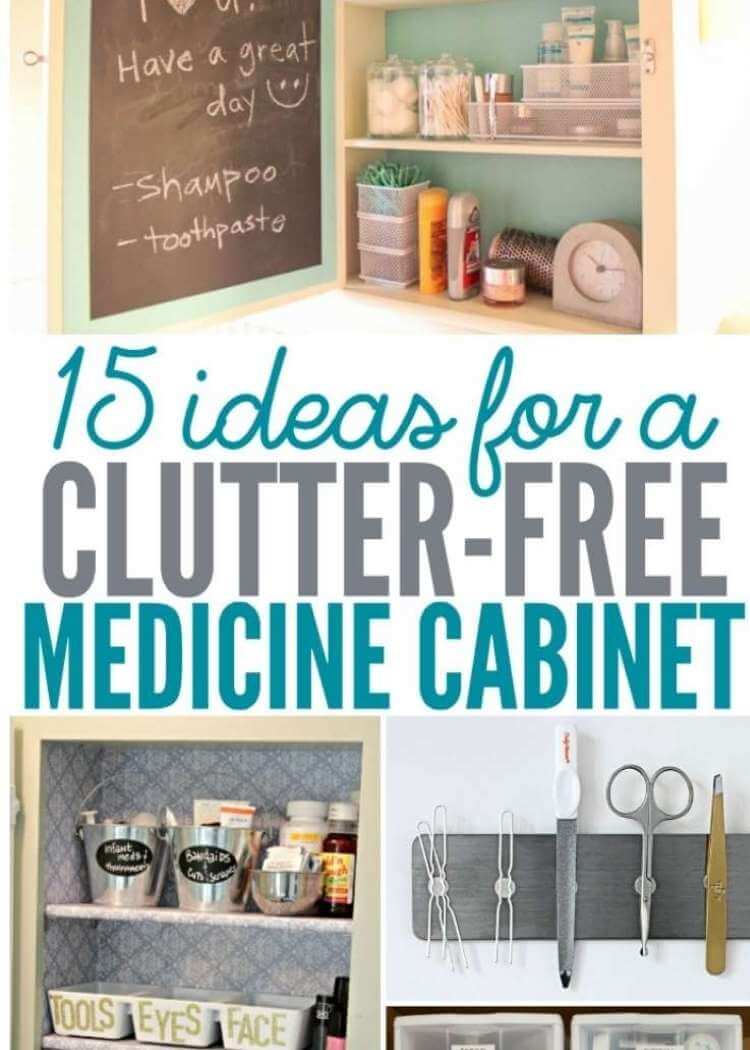 collage of 15 Ideas for a clutter free medicine cabinet with images of the inside of different medicine cabinets 