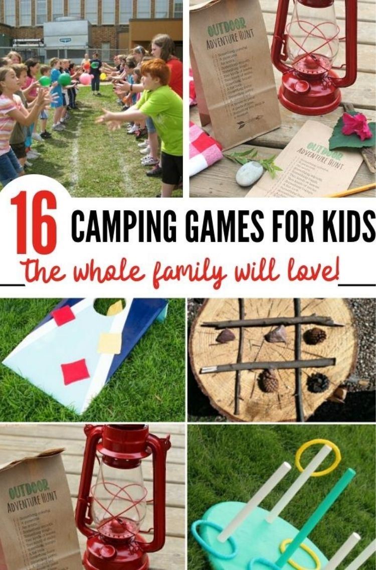 16 camping games for kids the whole family will love - collaeg of balloon passing activitiy red keronsene lamp with to do list beanbag game lo tic tac toe and hoop and ring game