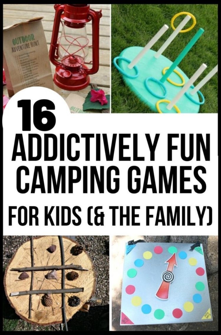 addictively fun camping games for the family - collage of kerosene lamp hoop ring game tic tac toe made of log and branches and acorn arrow pointing to colored circles
