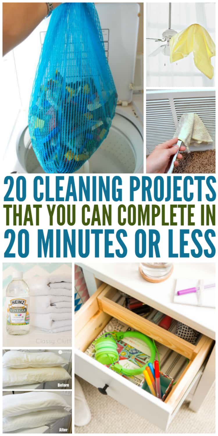 photo collage of 20 CLEANING PROJECTS THAT YOU CAN COMPLETE IN 20 MINUTES OR LESS - cleaning toys in a meshed bag, organized nightstand, cleaning air vents with butter knife and soft rug, a Before and After photo collage of dirty and cleaned pillows, pillow in use to clean ceiling fan blades, and a bottle of white vinegar in front of a pile of clean white towels and linen. 