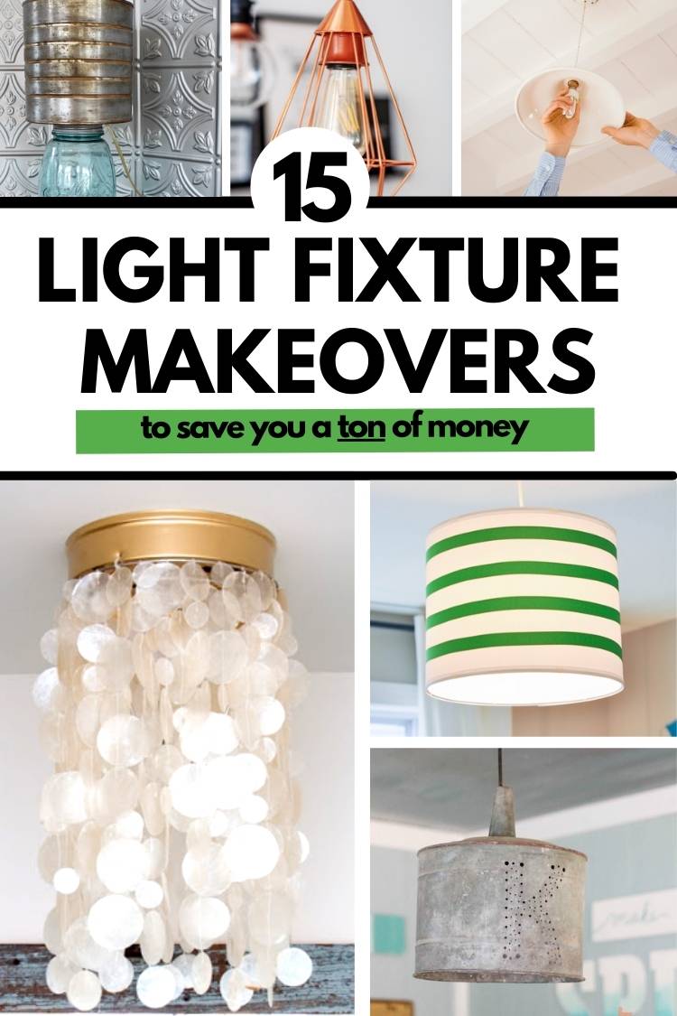 15 Light Fixture Makeovers to Save You a Ton of Money, collage of airbrushed chandelier, drum shades, ribbon over shade and wire basket shade for chanderlier